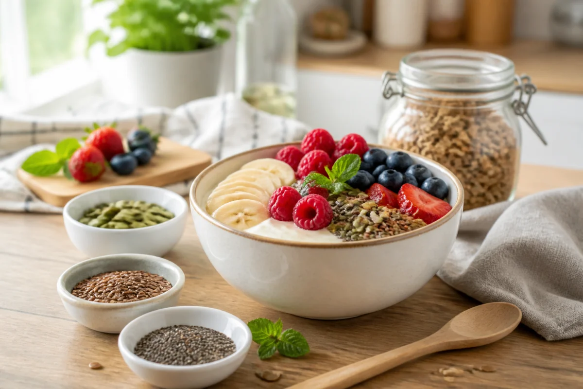 Petit-déjeuner équilibré au yaourt, fruits frais et graines de chia, lin et courge pour maigrir rapidement