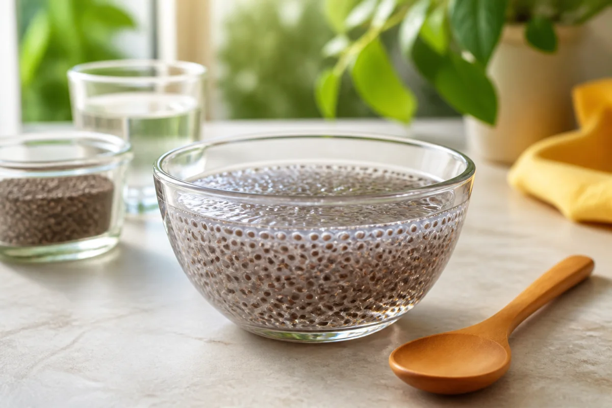 Bol de graines de chia trempées formant un gel translucide, illustrant une graine pour maigrir rapidement, avec cuillère en bois