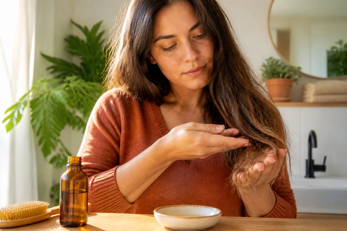 Femme appliquant de l’huile d’amande douce sur ses cheveux secs dans une salle de bain lumineuse et naturelle
