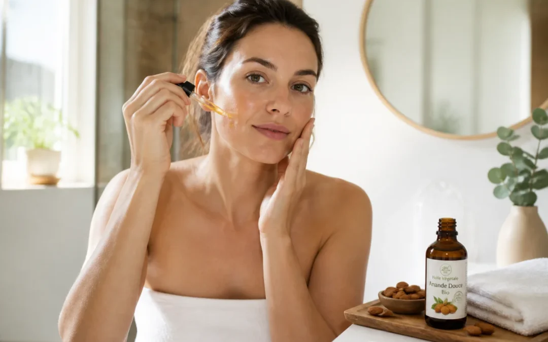 Femme appliquant de l’huile d’amande douce sur son visage, avec flacon, amandes et serviette dans une salle de bain lumineuse