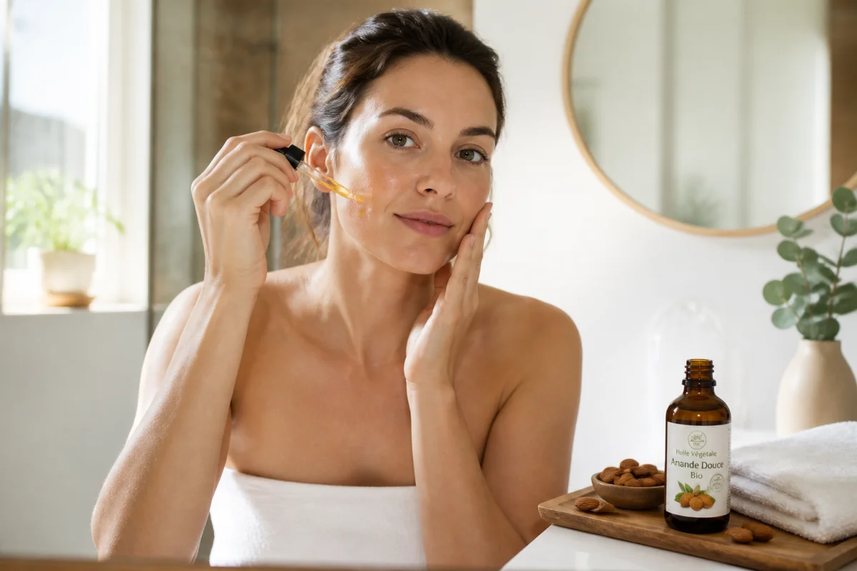 Femme appliquant de l’huile d’amande douce sur son visage, avec flacon, amandes et serviette dans une salle de bain lumineuse