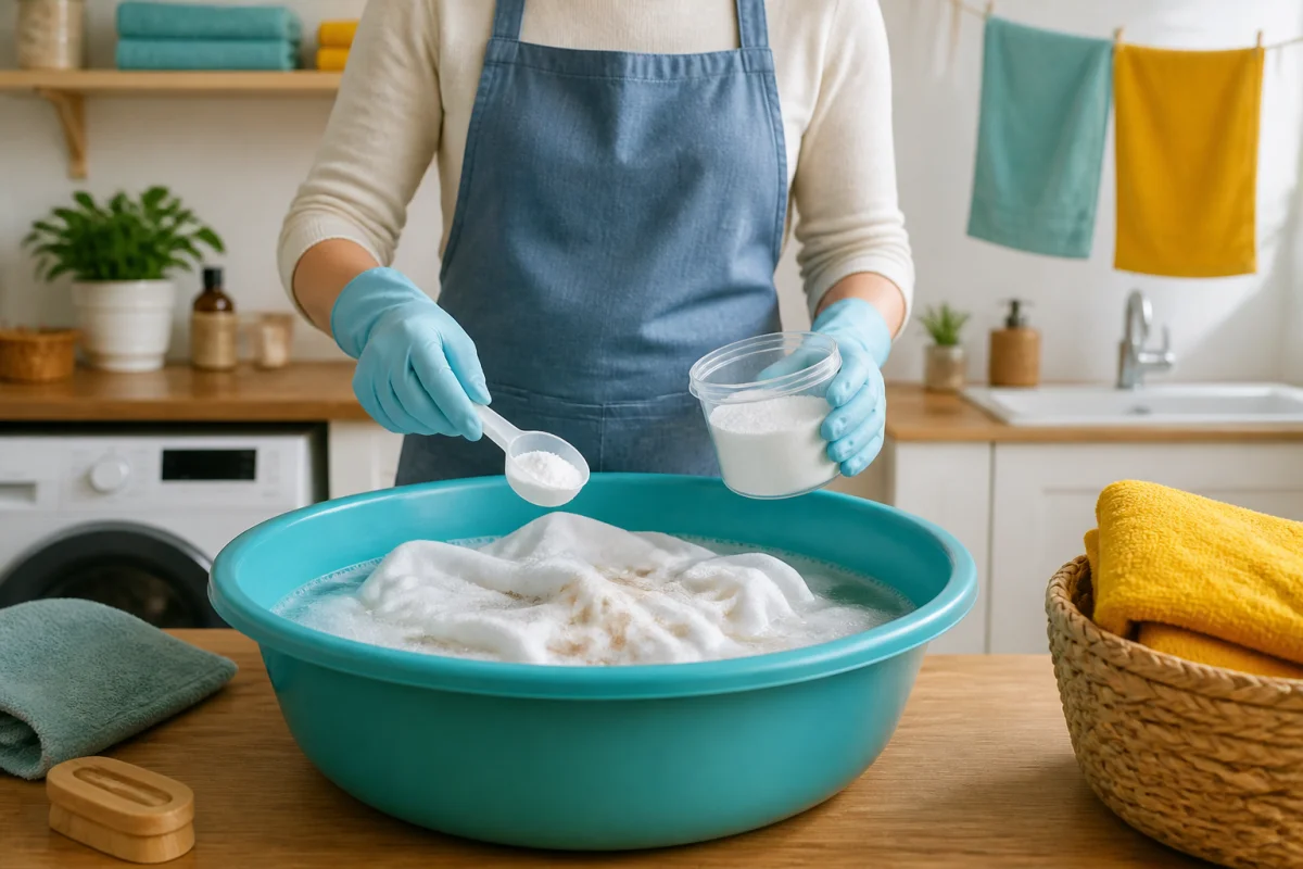Percarbonate de soude versé dans une bassine d’eau chaude pour détacher du linge blanc taché
