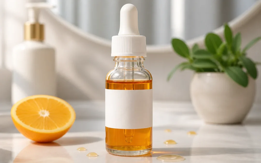 Flacon de sérum vitamine C ambré, posé dans une salle de bains moderne avec agrume et plante verte.