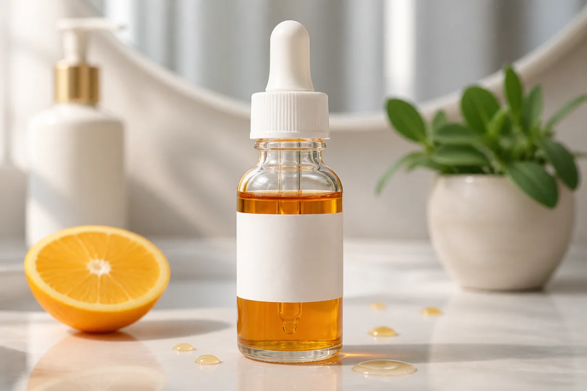 Flacon de sérum vitamine C ambré, posé dans une salle de bains moderne avec agrume et plante verte.
