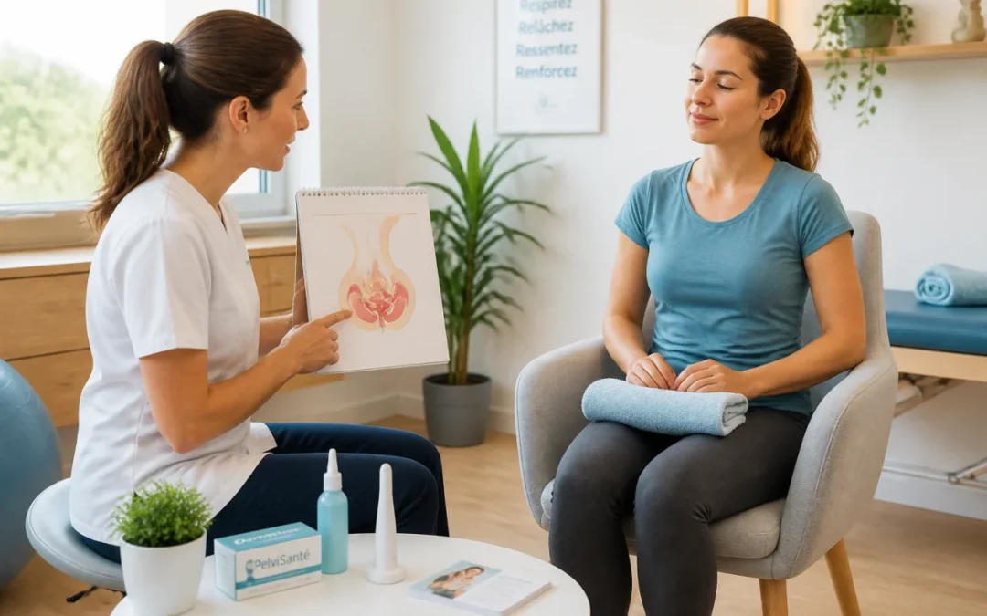 Sonde pour rééducation périnéale présentée lors d’une séance guidée par une professionnelle de santé