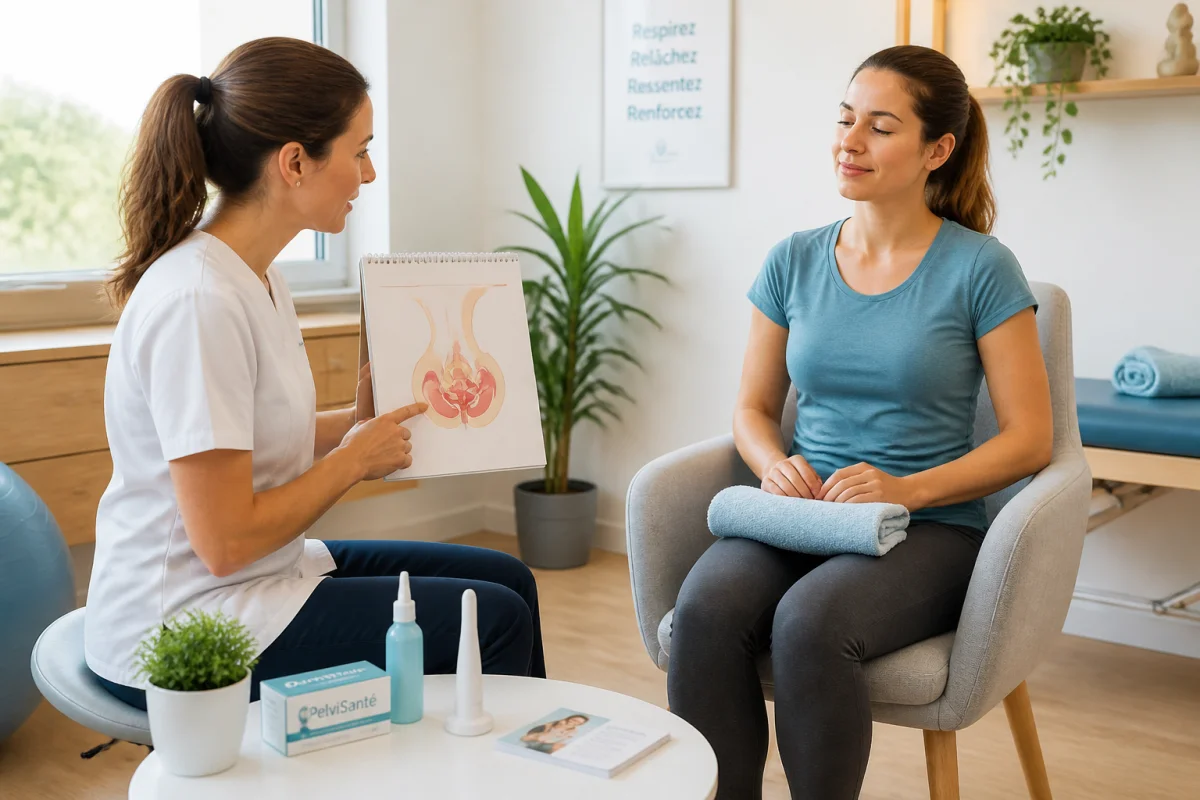 Sonde pour rééducation périnéale présentée lors d’une séance guidée par une professionnelle de santé