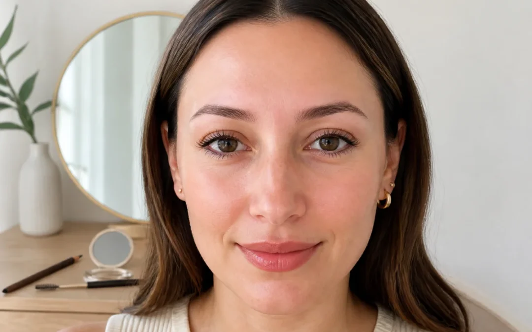 Jeune femme aux sourcils clairsemés qui repoussent, naturellement comblés par un maquillage léger devant un miroir