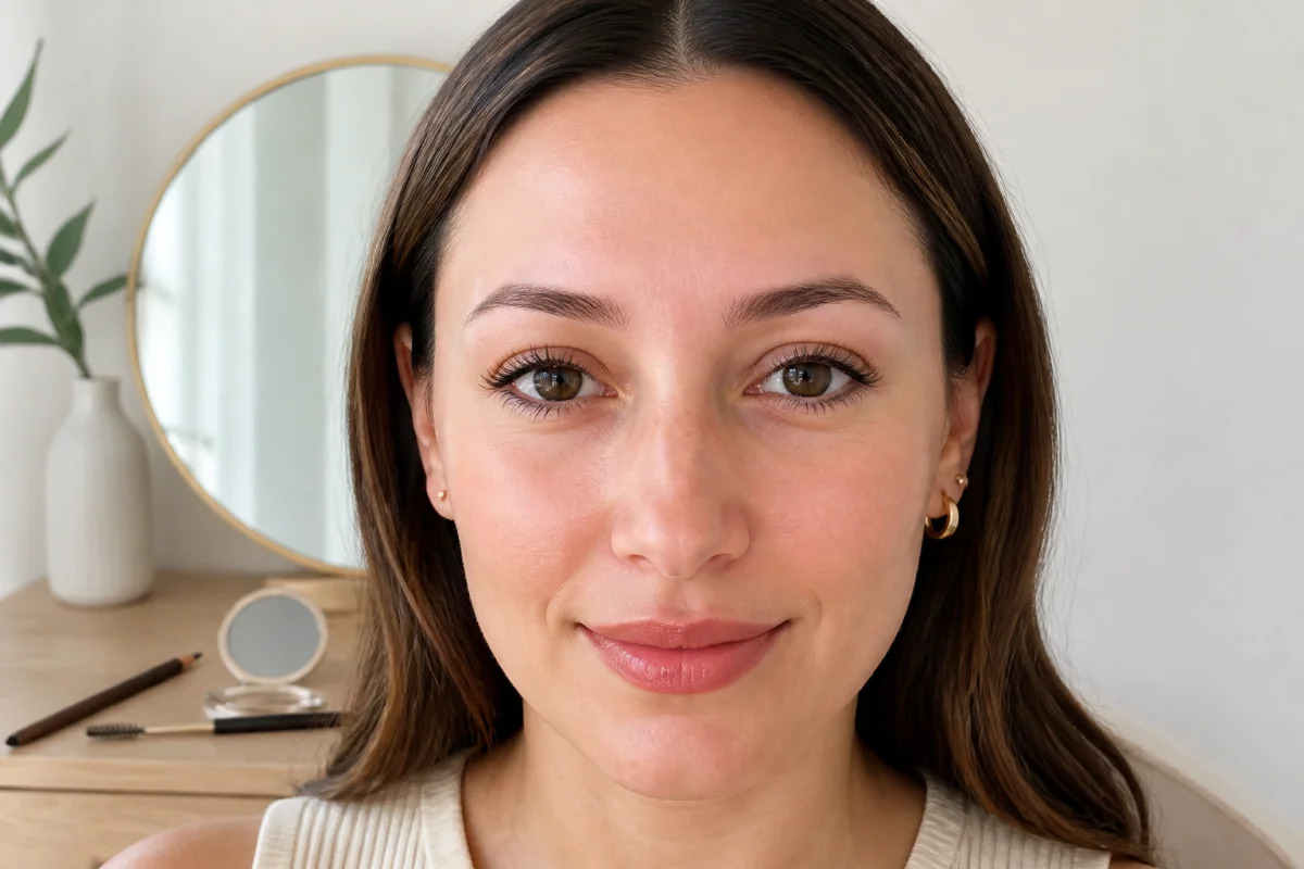 Jeune femme aux sourcils clairsemés qui repoussent, naturellement comblés par un maquillage léger devant un miroir