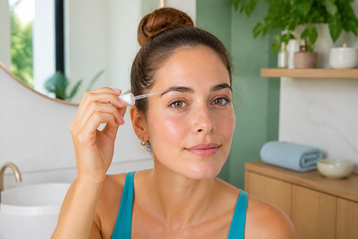 Jeune femme appliquant un sérum sur ses sourcils qui repoussent, dans une salle de bain lumineuse et naturelle