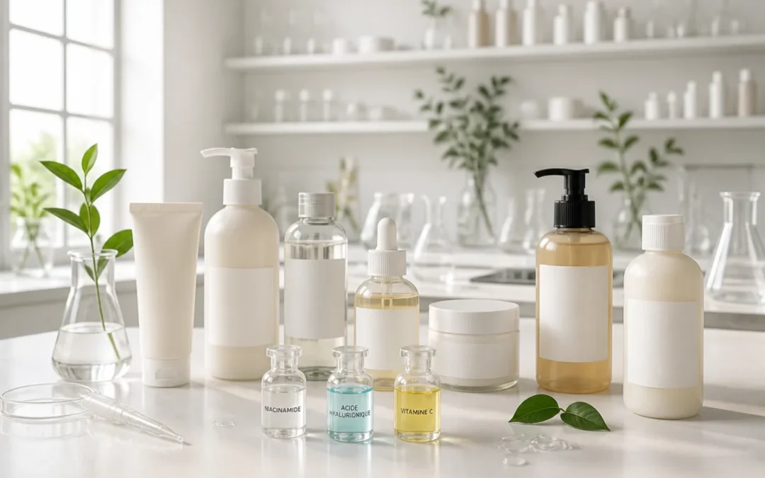 Soins visage, corps et cheveux minimalistes comparant Typology ou Yepoda dans un laboratoire cosmétique épuré