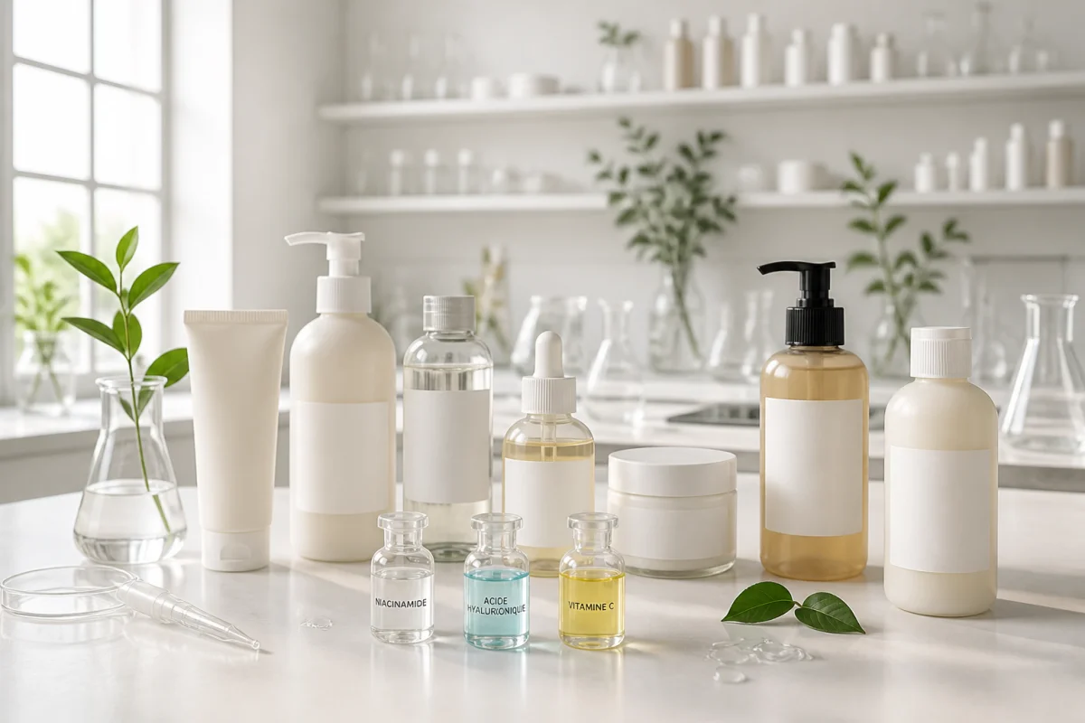 Soins visage, corps et cheveux minimalistes comparant Typology ou Yepoda dans un laboratoire cosmétique épuré