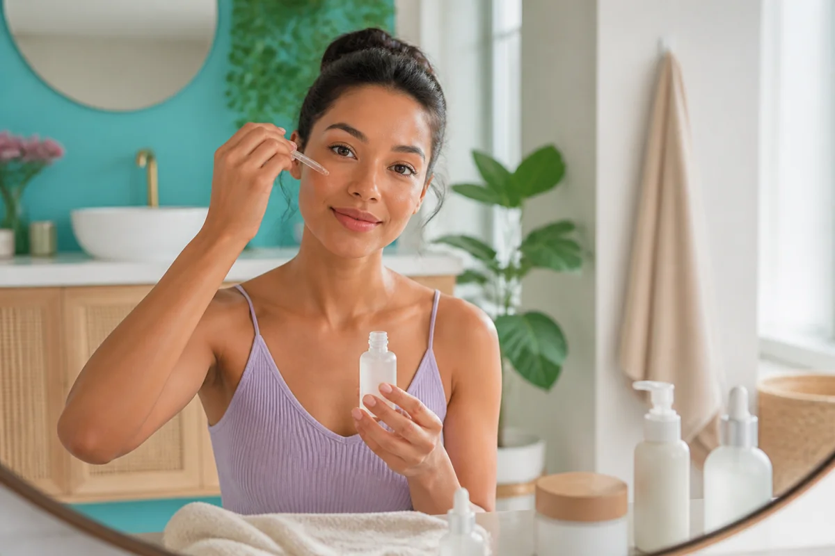 Adulte appliquant un sérum antitaches lors d’une routine de soins du visage dans une salle de bains lumineuse