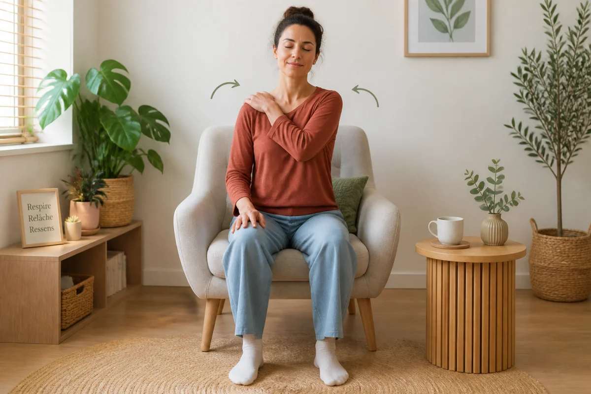 Adulte pratiquant un auto-massage relaxant du cou et de l’épaule dans un intérieur calme et lumineux