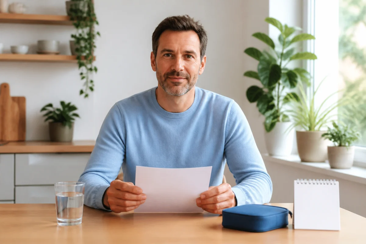 Adulte serein préparant un bilan sanguin pour faire le point, avec document médical et verre d’eau à table