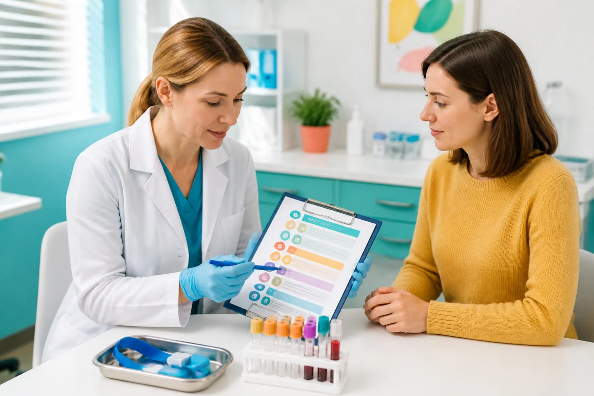 Professionnel de santé présentant à une patiente un bilan sanguin pour faire le point sur sa santé.