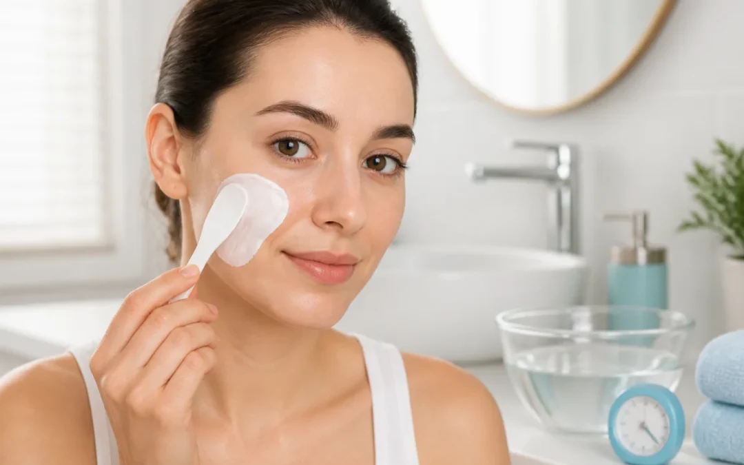 Application précise d’une crème dépilatoire pour le visage sur la joue avec une spatule, dans une salle de bains lumineuse.