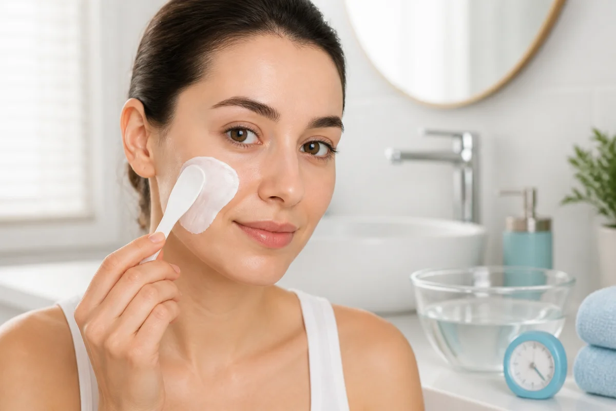 Application précise d’une crème dépilatoire pour le visage sur la joue avec une spatule, dans une salle de bains lumineuse.