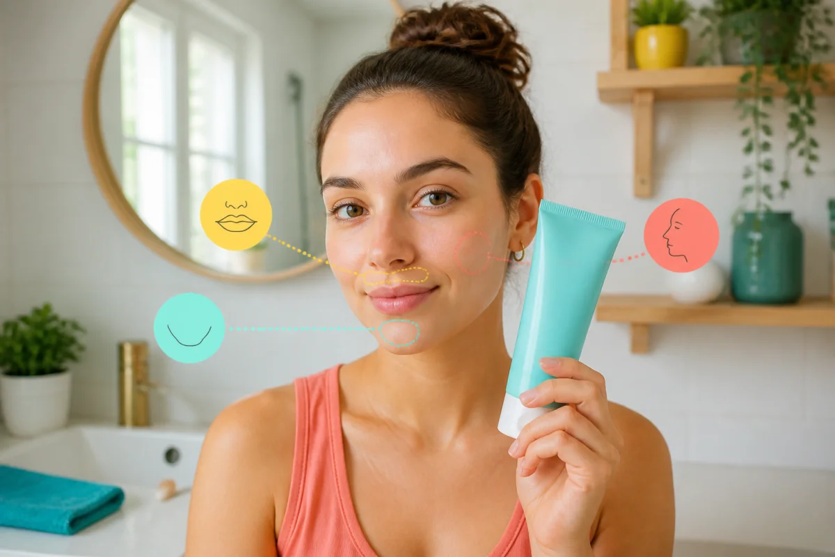 Femme tenant une crème dépilatoire pour le visage, avec repères sur la lèvre supérieure, le menton et les joues