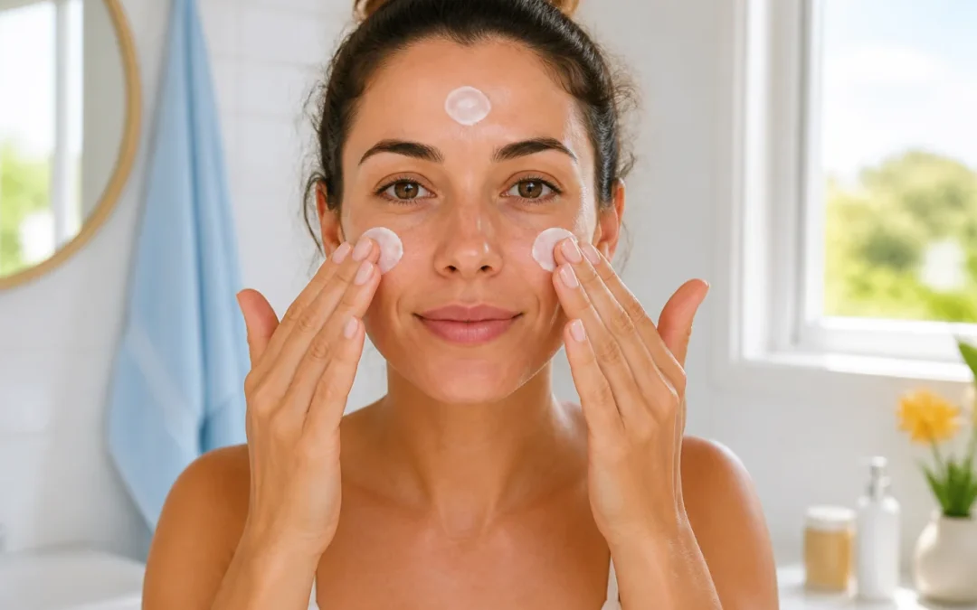Adulte à la peau sensible appliquant délicatement une crème solaire sur son visage dans une salle de bain lumineuse