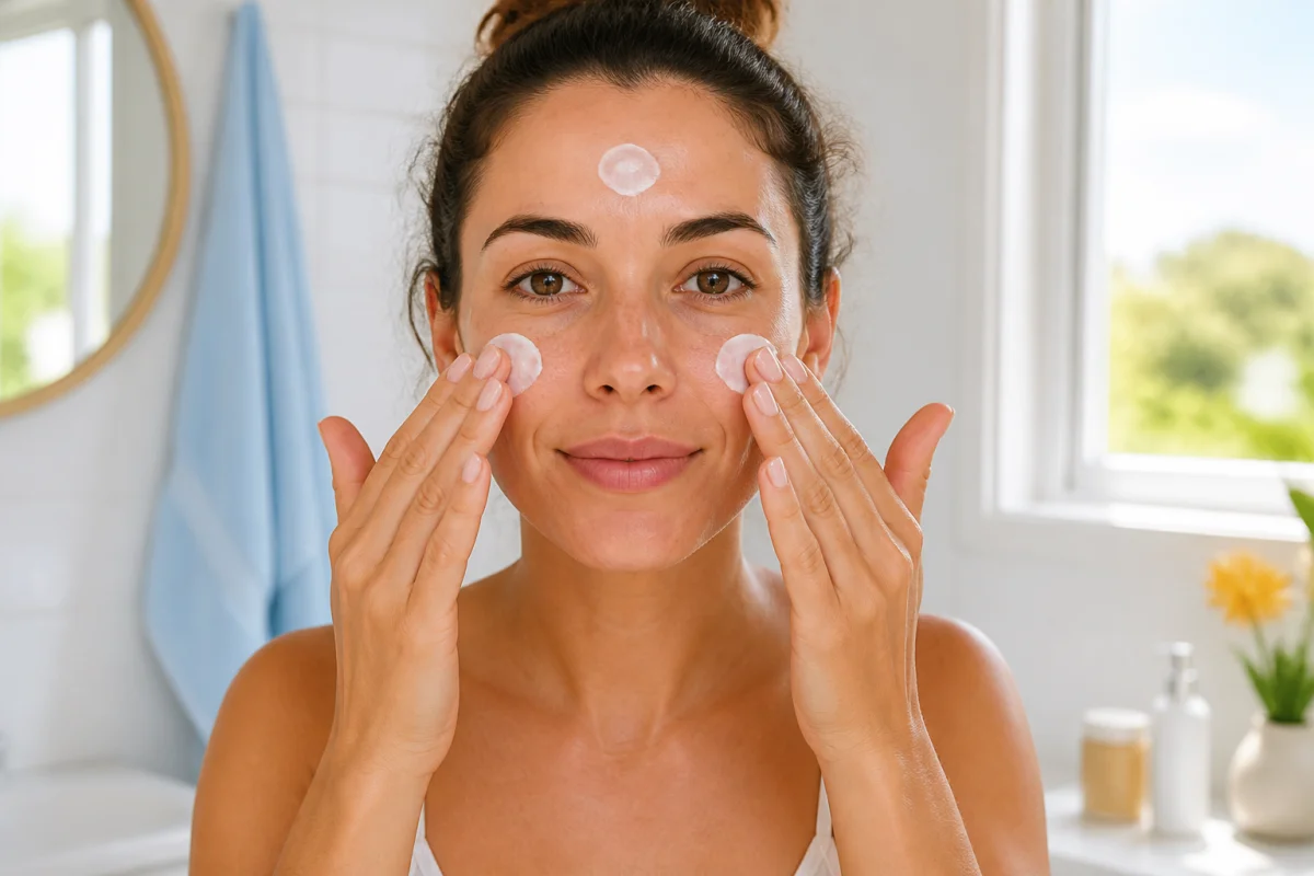Adulte à la peau sensible appliquant délicatement une crème solaire sur son visage dans une salle de bain lumineuse