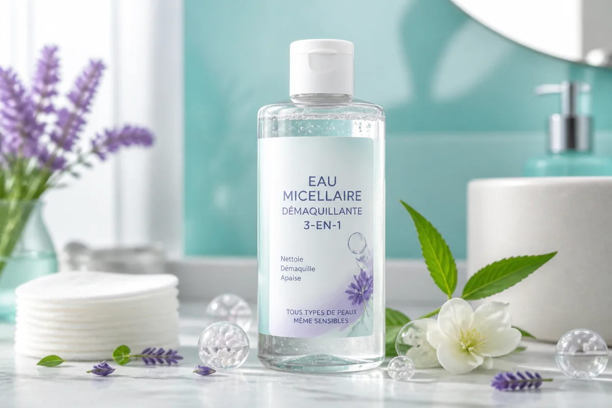 Flacon d’eau micellaire démaquillante 3-en-1 entouré de disques démaquillants, micelles stylisées et ingrédients végétaux_久久爱