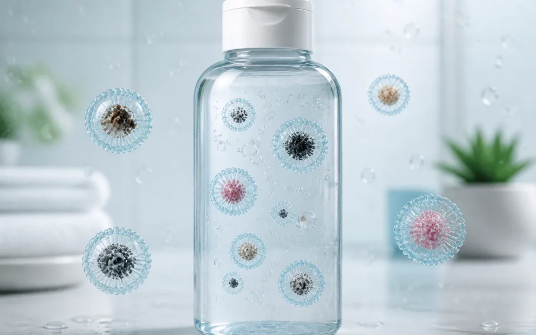 Eau micellaire démaquillante Biocare 3en1, flacon transparent et micelles capturant maquillage et impuretés en salle de bain lumineuse