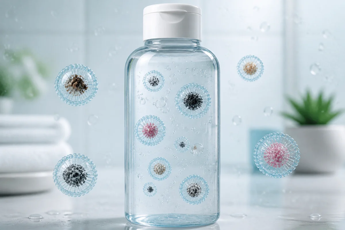 Eau micellaire démaquillante Biocare 3en1, flacon transparent et micelles capturant maquillage et impuretés en salle de bain lumineuse