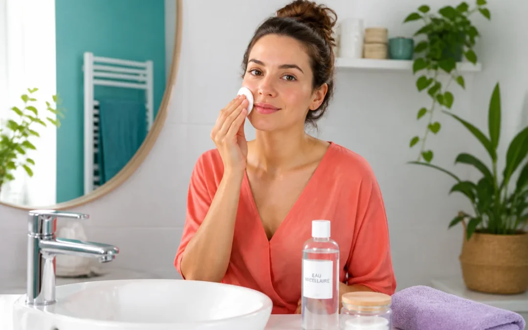 Femme utilisant une eau micellaire démaquillante avec un coton réutilisable dans une salle de bain lumineuse