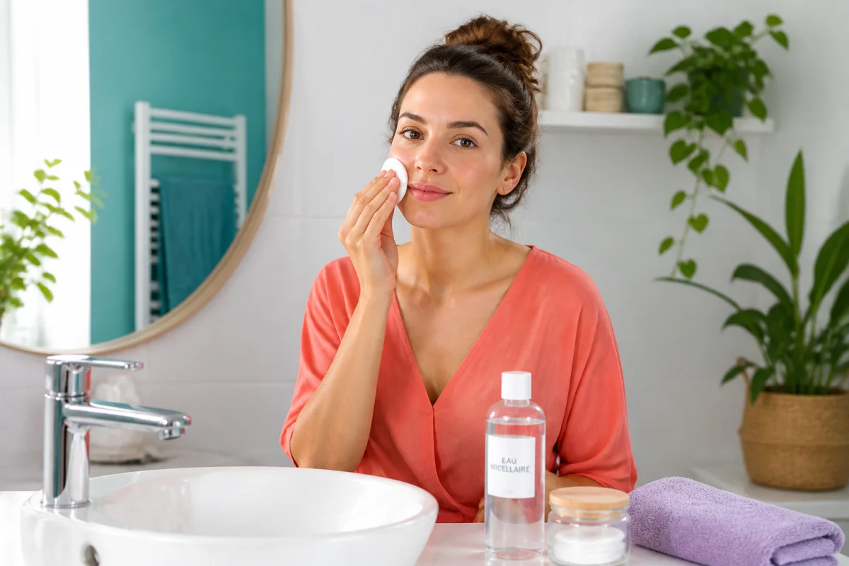 Femme utilisant une eau micellaire démaquillante avec un coton réutilisable dans une salle de bain lumineuse