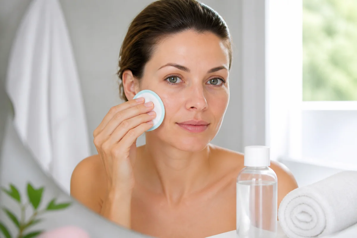 Femme utilisant une eau micellaire démaquillante avec un coton réutilisable dans une salle de bains lumineuse