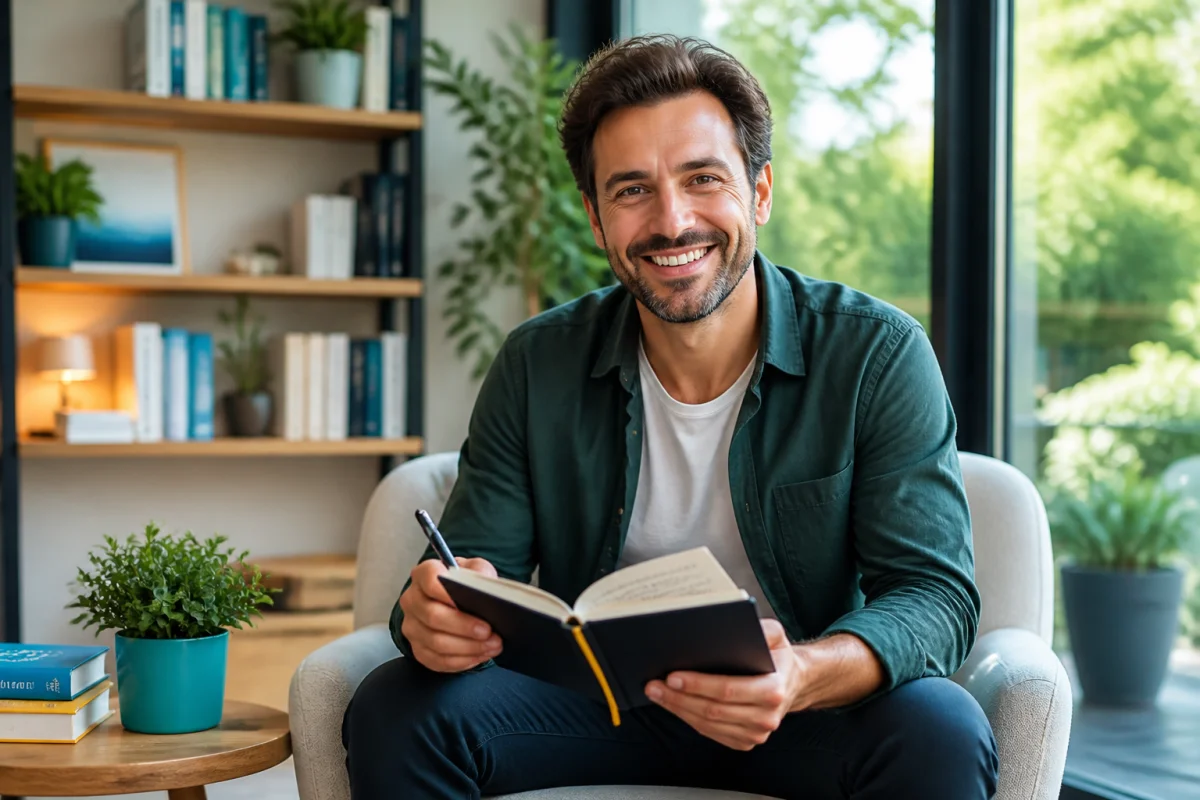 Homme souriant tenant un carnet ouvert dans un espace lumineux, symbole de clarté et de progression personnelle avec Happy Men