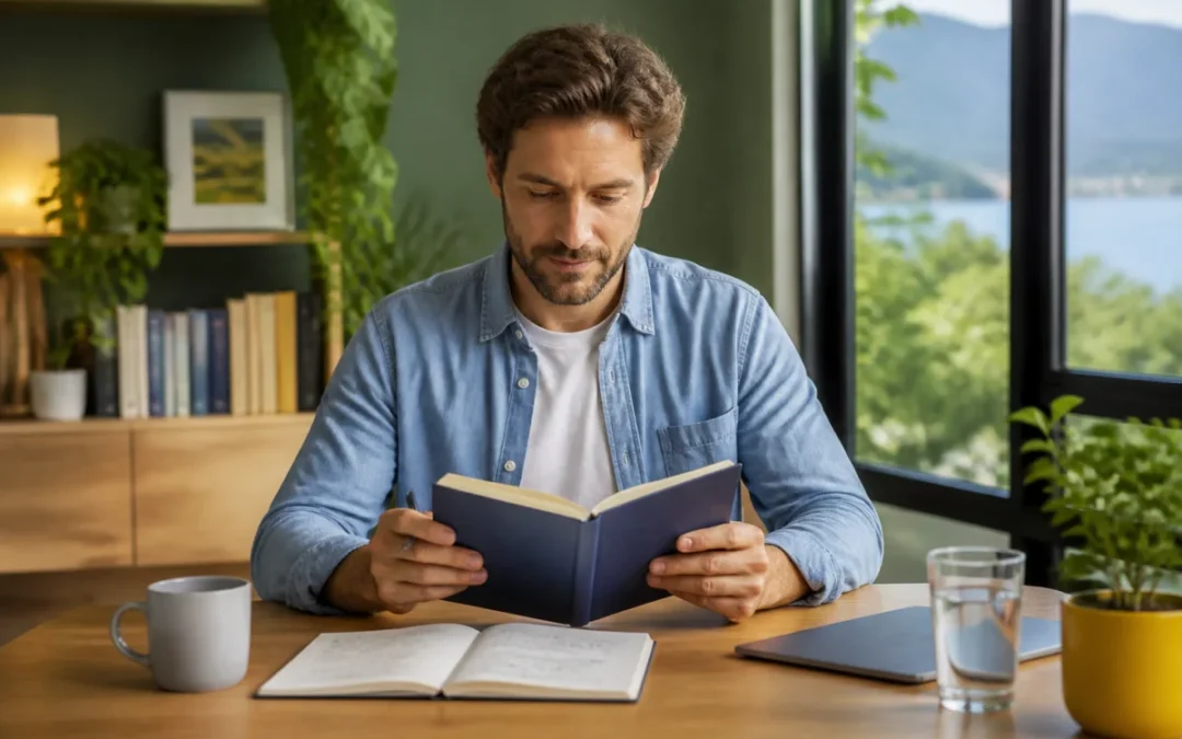 Homme serein consultant un carnet de planification dans un bureau lumineux, symbolisant la clarté et l’organisation avec Happy Men