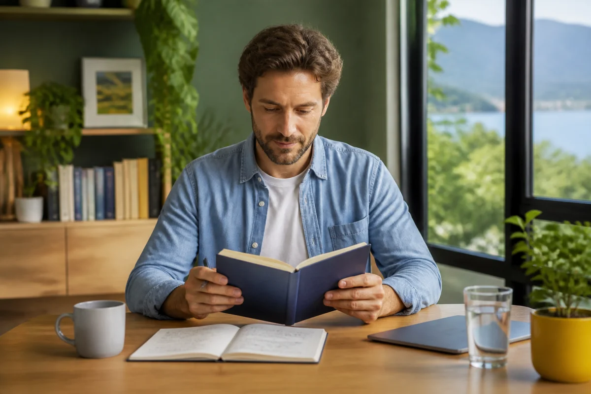Homme serein consultant un carnet de planification dans un bureau lumineux, symbolisant la clarté et l’organisation avec Happy Men