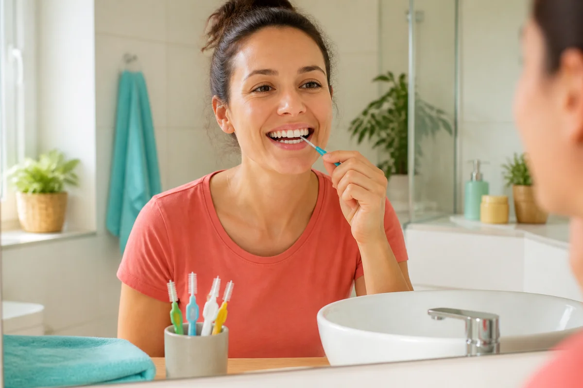 Adulte souriant utilisant une brossette interdentaire devant un miroir pour une bonne hygiène de la bouche au quotidien