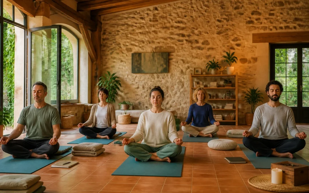 Atelier de relaxation aux Chais De La Cour, dans un ancien chai lumineux ouvert sur une cour verdoyante