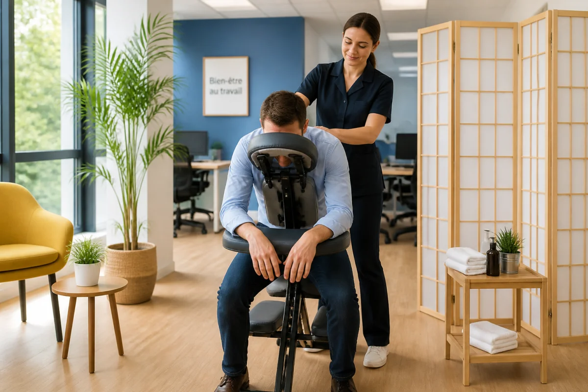 Massage assis en entreprise : salarié détendu sur chaise ergonomique, accompagné par une praticienne dans un bureau moderne.
