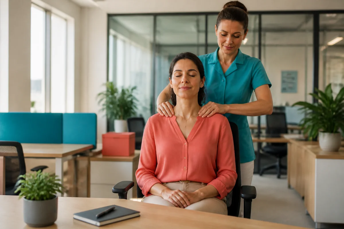 Massage assis en entreprise : employée recevant un massage des épaules dans un espace de travail lumineux