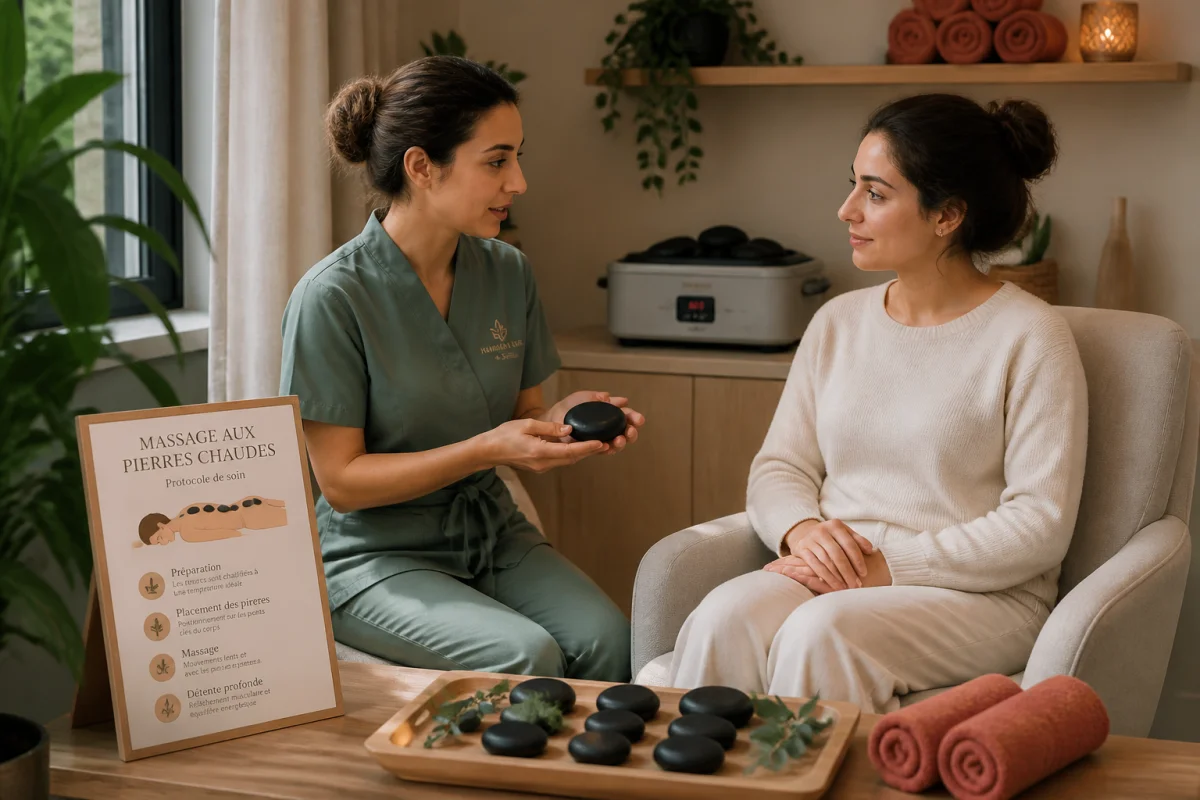 Praticien disposant des pierres chaudes sur le dos d’une personne pour un massage aux pierres chaudes relaxant