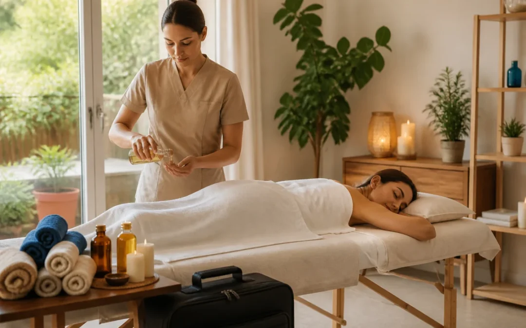 Massage californien à domicile : praticienne préparant une séance auprès d’une cliente allongée sur table de massage.
