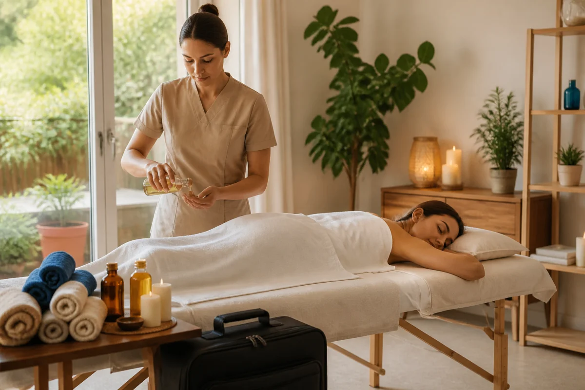 Massage californien à domicile : praticienne préparant une séance auprès d’une cliente allongée sur table de massage.