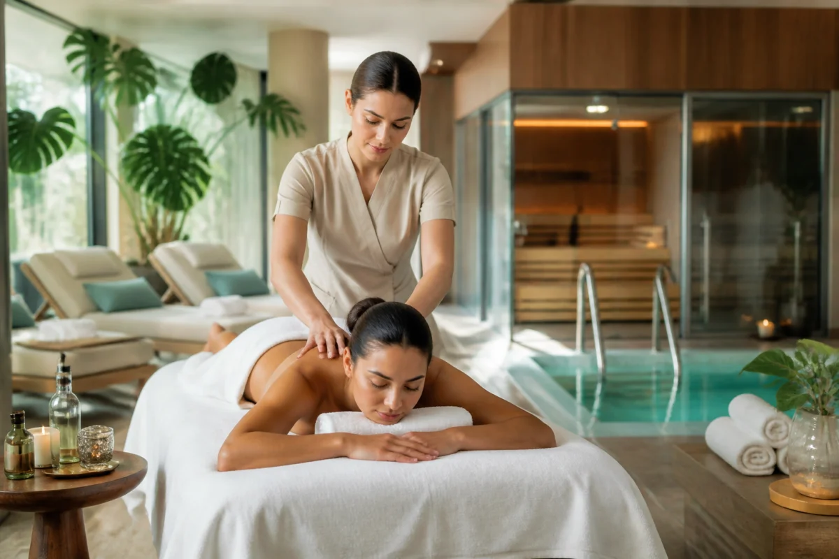 Massage californien relaxant en spa haut de gamme, avec thérapeute professionnelle et équipements de bien-être en arrière-plan