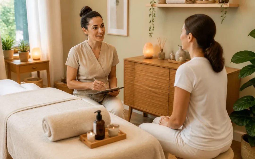 Praticienne échangeant avec une cliente avant un massage relaxant pour relâcher les tensions dans une cabine chaleureuse