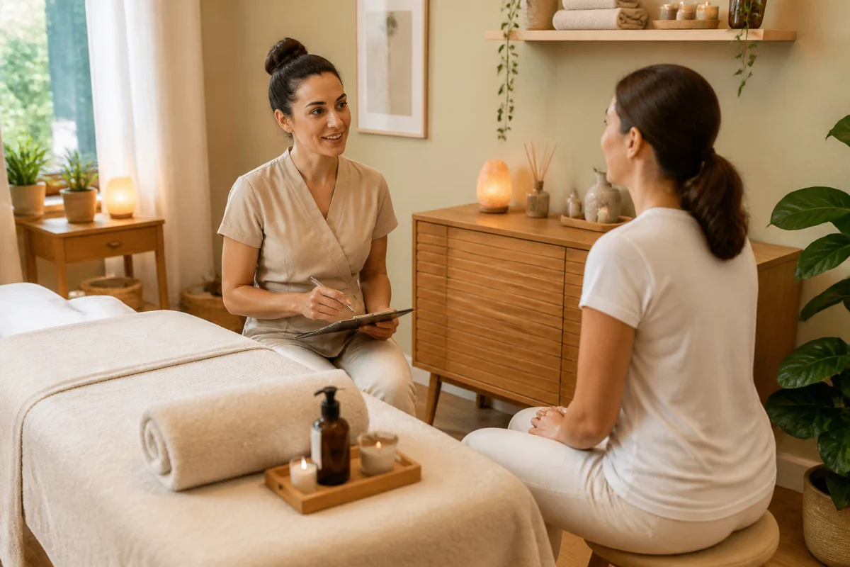 Praticienne échangeant avec une cliente avant un massage relaxant pour relâcher les tensions dans une cabine chaleureuse