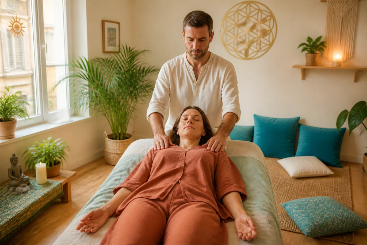 Massage Tantra Toulouse : séance de relaxation avec praticien et adulte détendu dans un cabinet de bien-être lumineux
