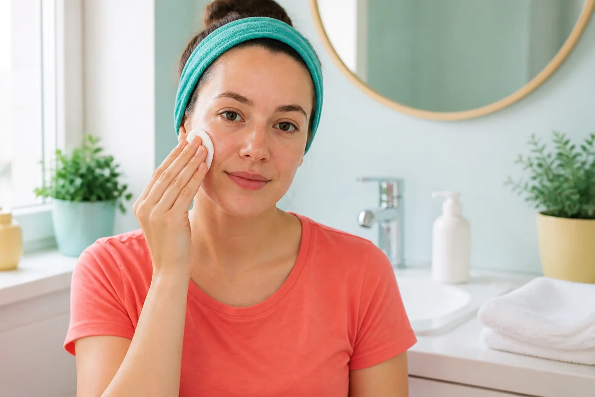 Jeune femme retirant délicatement son maquillage pour préparer sa peau avant un soin visage, dans une salle de bain lumineuse