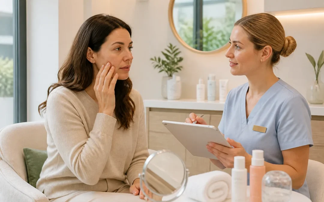 Préparer sa peau avant un soin visage : cliente échangeant avec une esthéticienne en cabine esthétique lumineuse