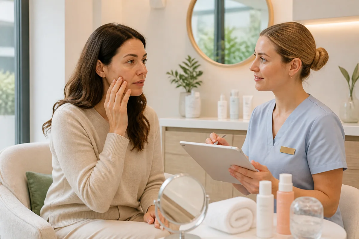 Préparer sa peau avant un soin visage : cliente échangeant avec une esthéticienne en cabine esthétique lumineuse