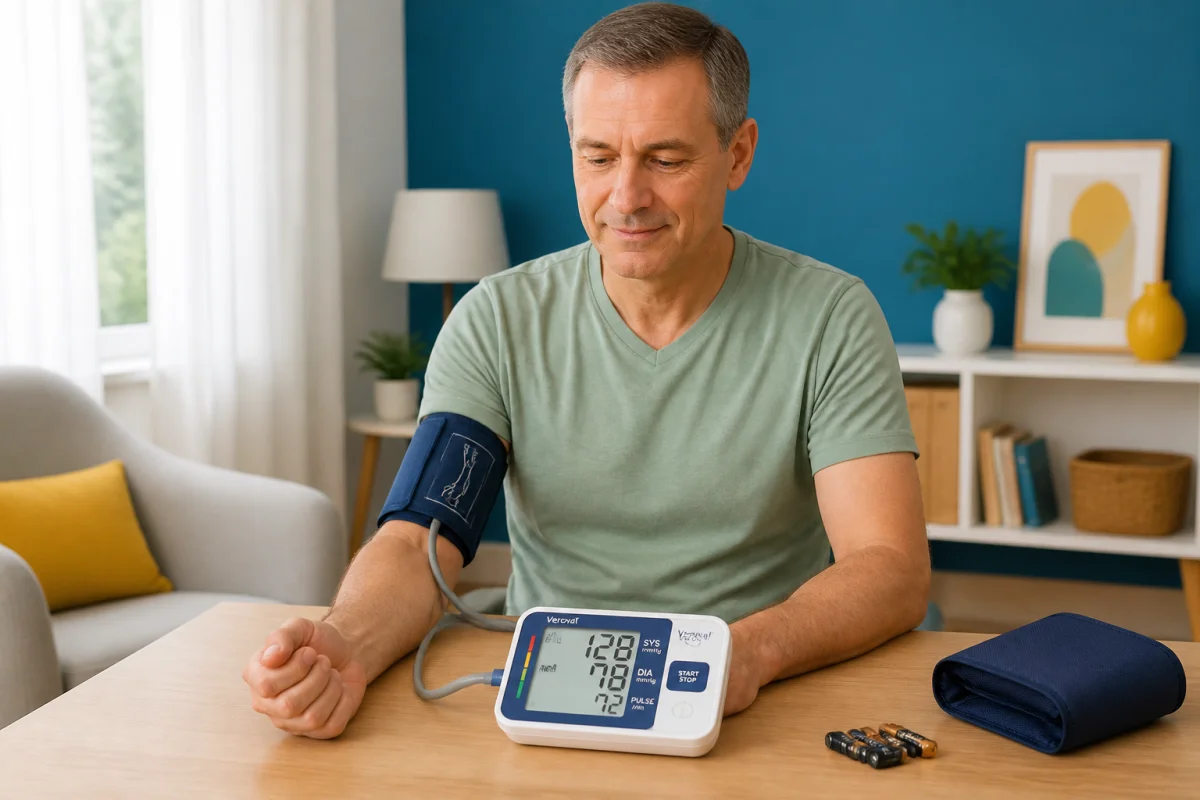 Prise de tension à domicile avec tensiomètre électronique, brassard correctement ajusté et posture assise stable.