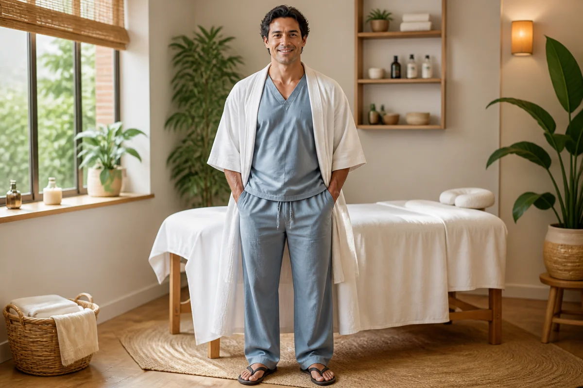 Adulte en tenue ample et confortable avec peignoir, dans une cabine de spa préparée pour un massage californien