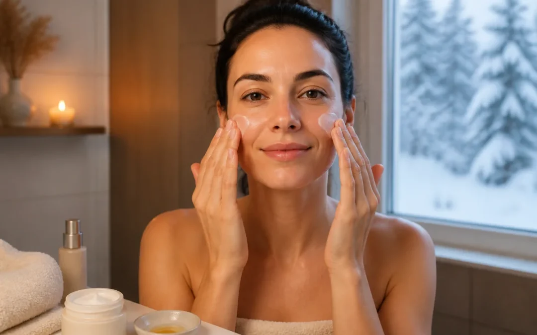 Personne appliquant une crème hydratante sur ses joues dans une salle de bain hivernale chaleureuse, routine soin visage hiver